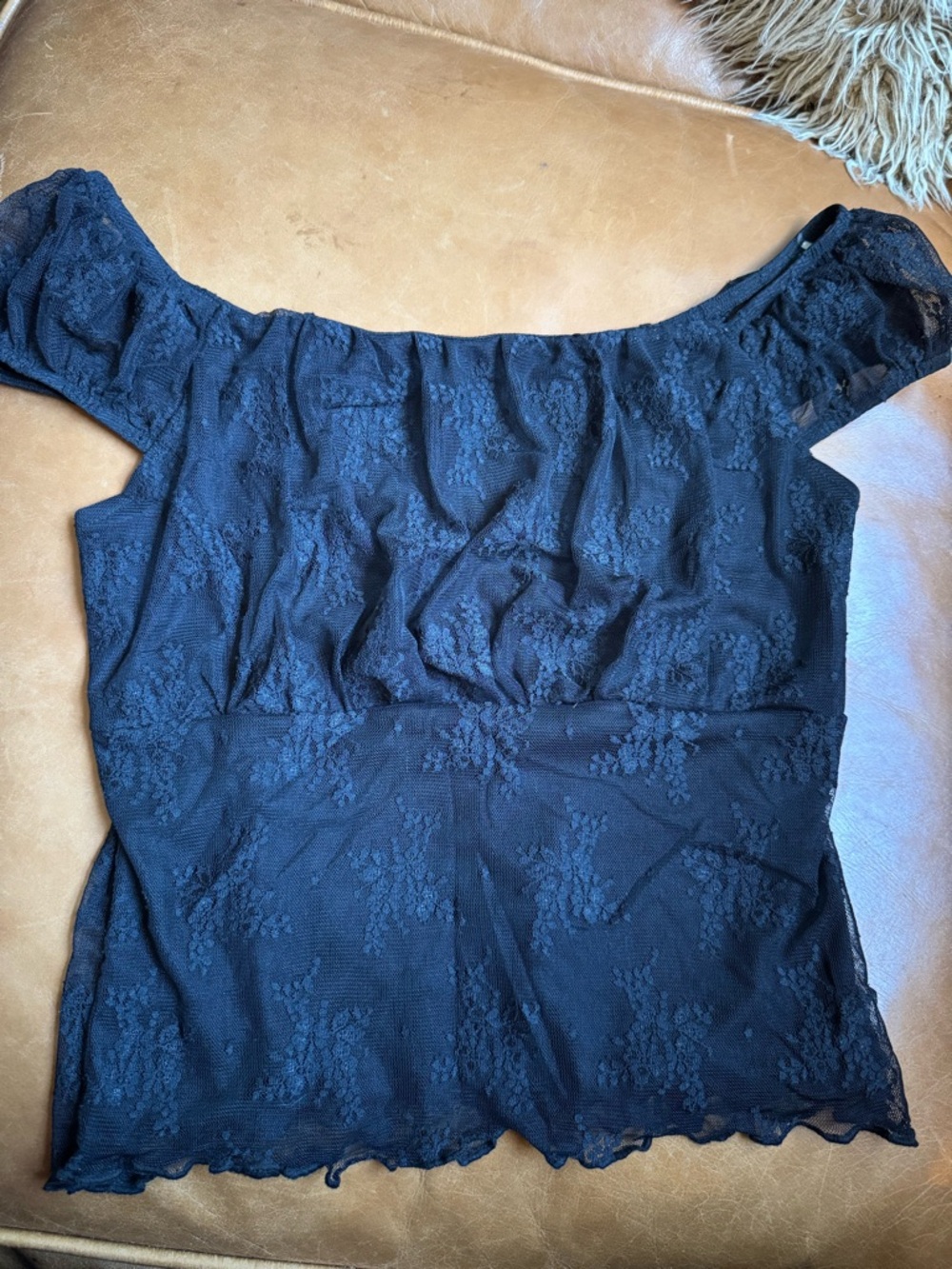 Black Lace Off Shoulder Top Sheer Mesh Babydoll Blouse Size M